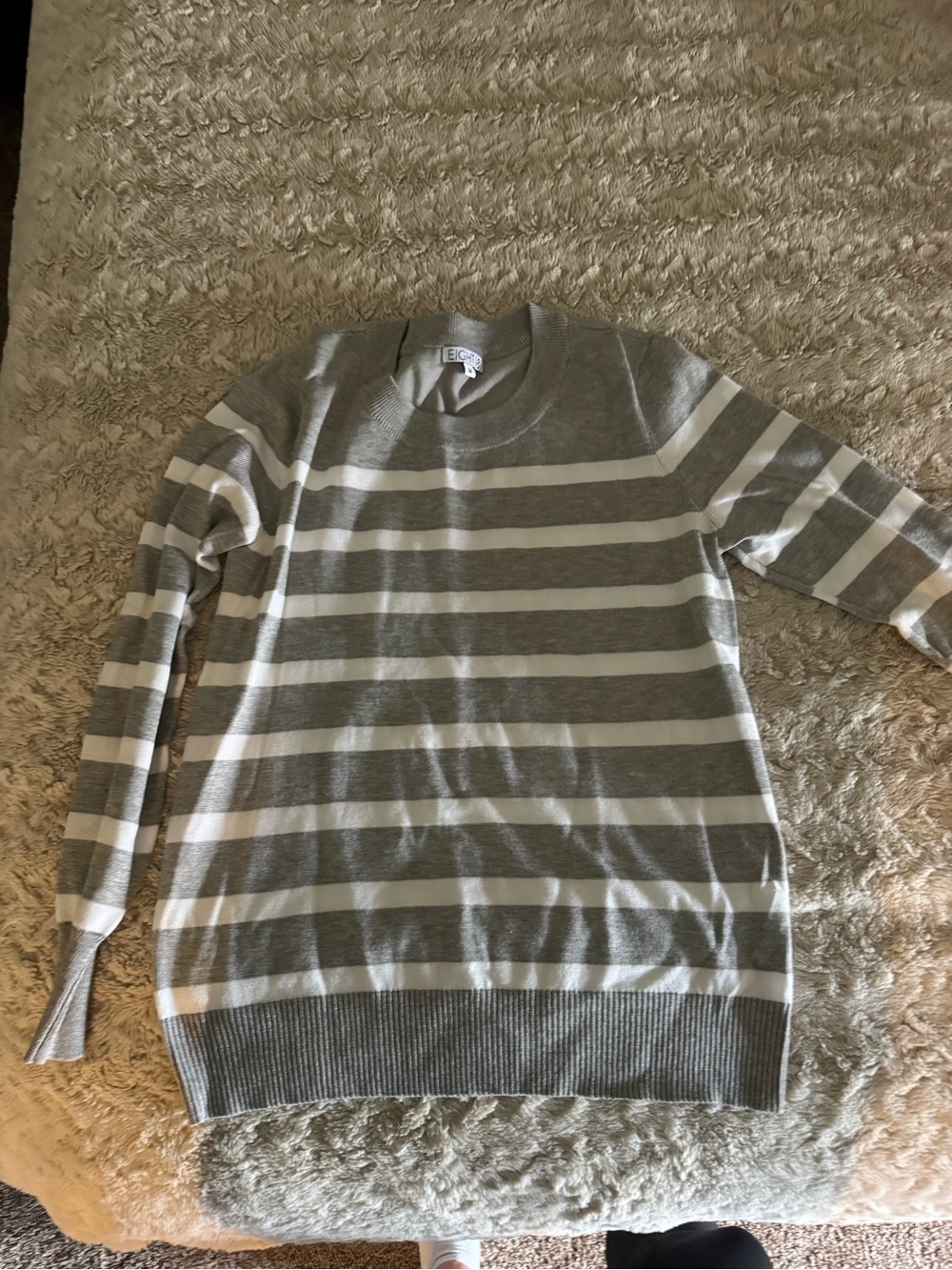 Womens Gray and White Striped Crewneck Sweater